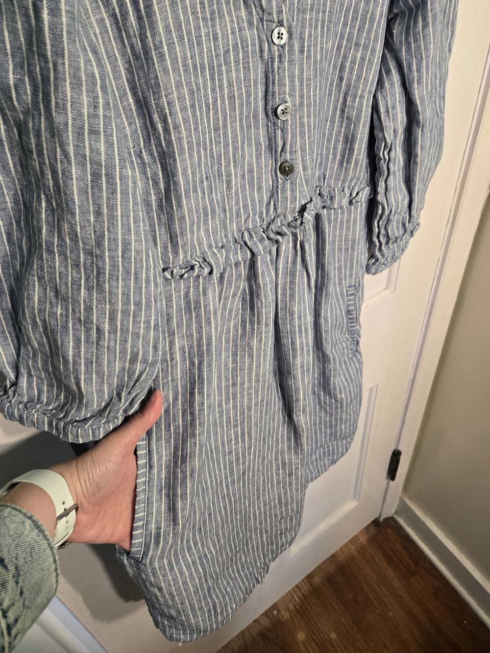 Garnet Hill Striped Blue Linen V-Neck Long Sleeve Dress Size 8 - Picture 6 of 7